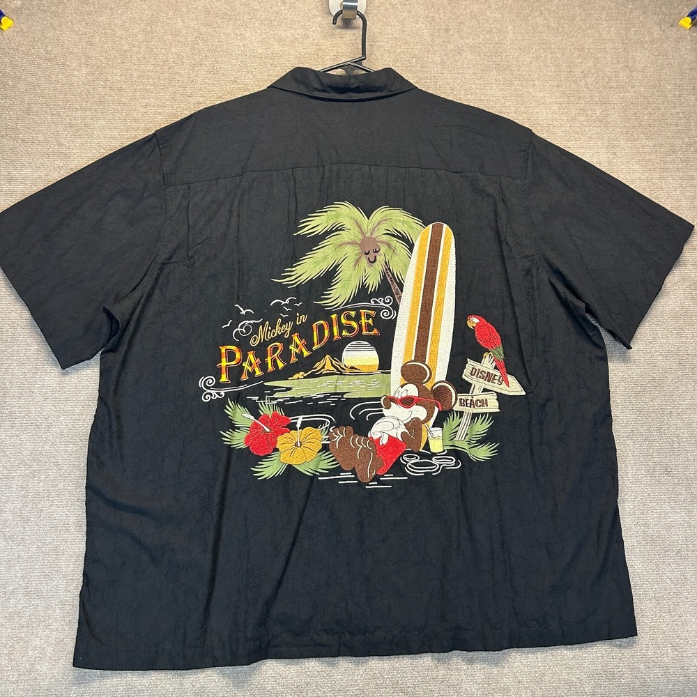 Disney Parks Mickey in Paradise Hawaiian Shirt Men's 2XL Black Big Embroidery